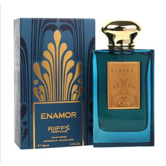 Riffs Parfum Enamour blauwe groene parfumfles met gouden dop en art deco doos