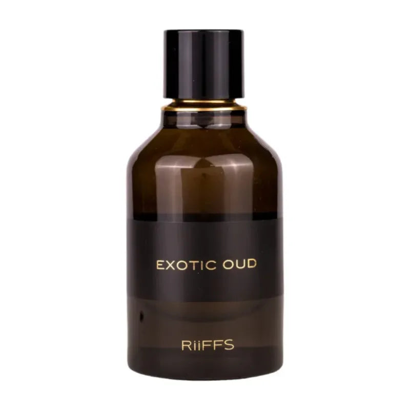 Dark bruin glazen parfumfles met zwarte dop van Riffs Parfum Exotic Oud Arabische parfum