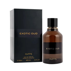 Dark bruin glazen parfumfles en zwart doosje van Riffs Parfum Exotic Oud Arabische parfum