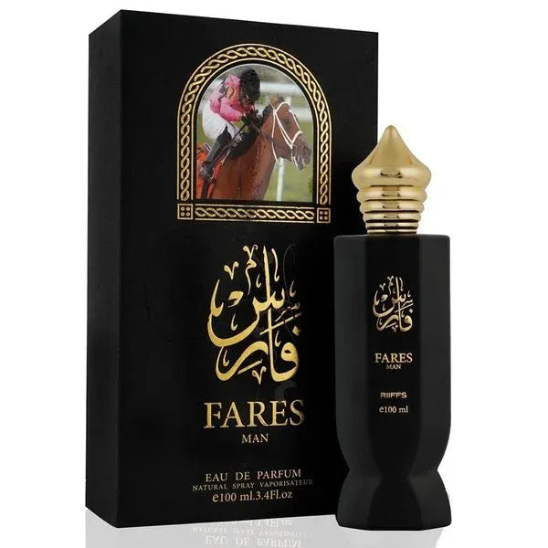 Riffs Parfum Fares zwarte parfumfles met bijpassende doos met gouden accenten
