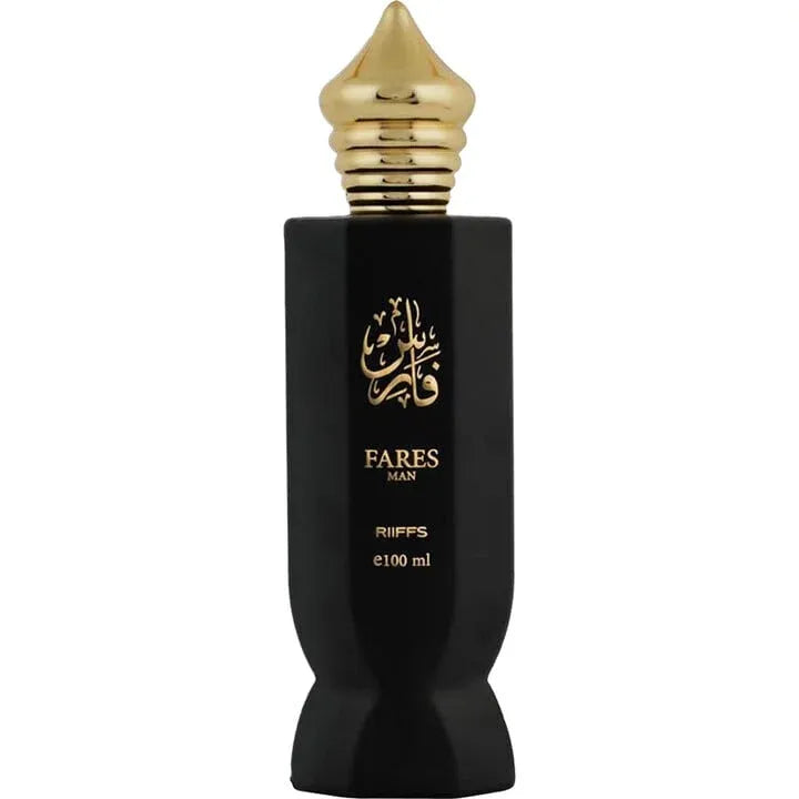Riffs Parfum Fares met zwarte parfumfles en gouden dop voor een luxe uitstraling