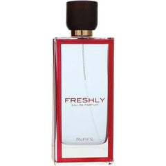 Riffs Parfum fles met rood-wit design en donkerbruine dop voor een unieke geurervaring
