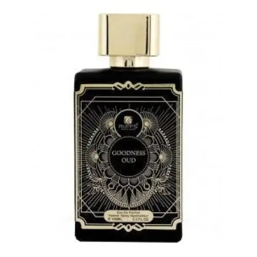 Zwart rechthoekig parfumflesje met gouden dop en zilveren filigraan ontwerp labeled goodness oud door azzedine