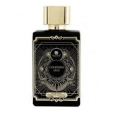 Zwart rechthoekig parfumflesje met gouden dop en zilveren filigraan ontwerp labeled goodness oud door azzedine
