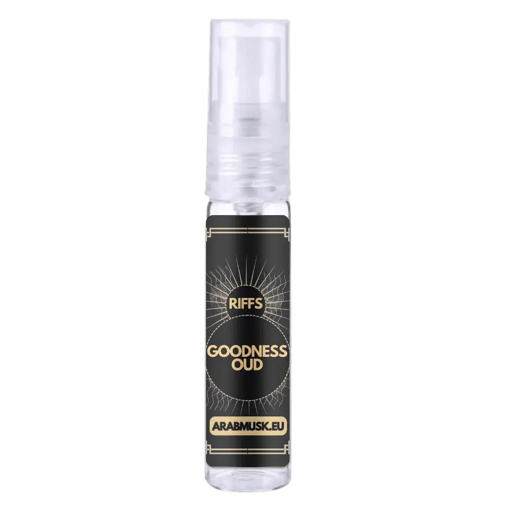 Een strak transparant spuitflesje met zwart etiket en goudkleurige zonnestraal ontwerp van riffs parfums goodness oud