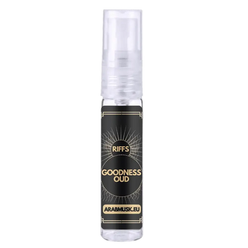 Een strak transparant spuitflesje met zwart etiket en goudkleurige zonnestraal ontwerp van riffs parfums goodness oud