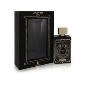 Zwarte rechthoekige parfumsfles met gouden accenten en sierlijke details, square dop, riffs parfum goodness oud