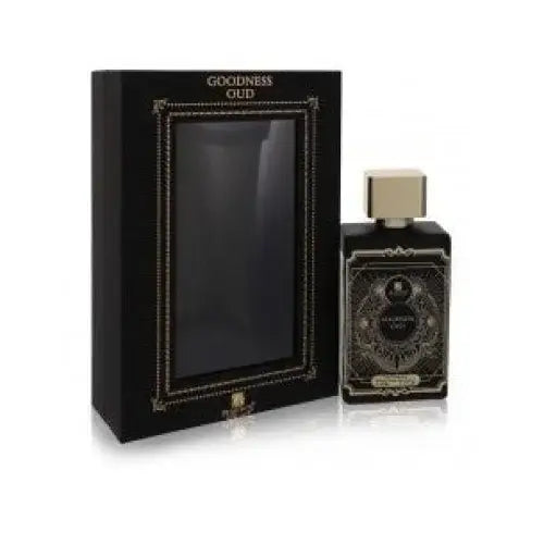 Zwarte rechthoekige parfumsfles met gouden accenten en sierlijke details, square dop, riffs parfum goodness oud