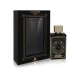 Zwarte rechthoekige parfumsfles met gouden accenten en sierlijke details, square dop, riffs parfum goodness oud