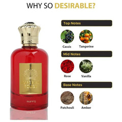Riffs Parfum Imperial Rouge flesse parfumfles met goudkleurige dop en label, geurnotities