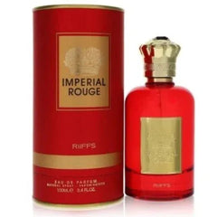 Riffs Parfum Imperial Rouge met rode parfumfles en cilindrische doos met gouden accenten