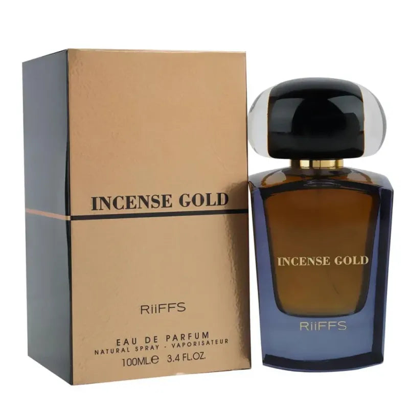 Goldkleurige Riffs Parfum Incense Gold flacon en doos, Arabische parfum elegant