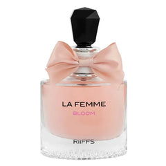 Pink parfumfles Riffs Parfum La Femme Bloom met zwarte dop en lichtroze strik