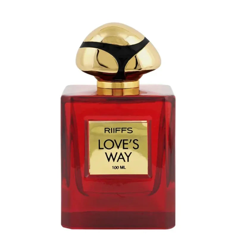 Riffs Parfum Love’s Way flesse rode parfumfles met goud en zwart deksel