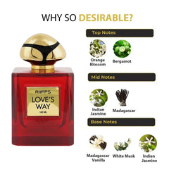 Riffs Parfum Love’s Way flesse parfumfles met gouden en zwarte dop, bloem, citrus en vanillegeur