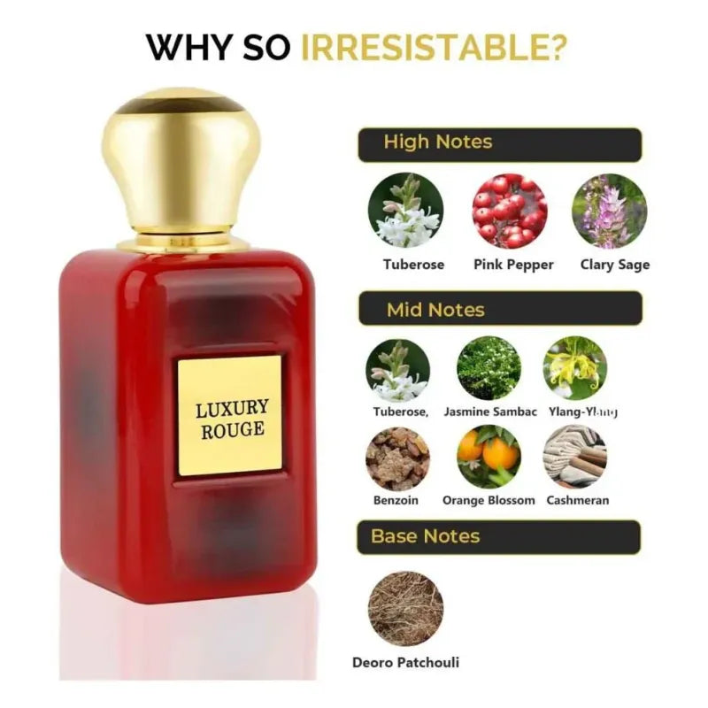 Red perfume bottle with gold cap en label van Riffs Parfum Luxury Rouge Arabische Parfum