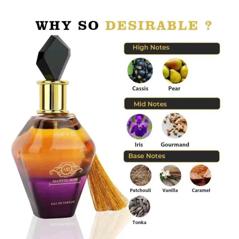Riffs Parfum Majestic Rose Arabische Parfum met zwarte dop en gouden tassel