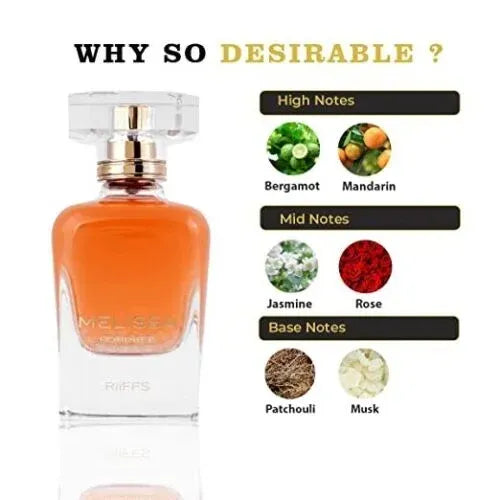 Oranje riffs parfum Melissa Poudree in een heldere glazen fles met doorzichtige dop