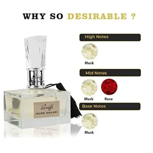 Riffs Parfum Musk Malaki parfum musk in een heldere glazen fles met faceted dop en zwart tassel