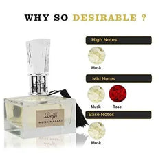 Riffs Parfum Musk Malaki parfum musk in een heldere glazen fles met faceted dop en zwart tassel