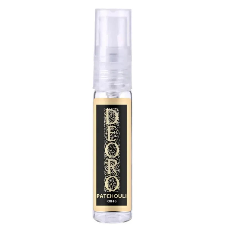 Clear glazen sprayfles van Riffs Parfum met betoverende geur en zwart-goud label