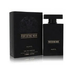 Zwart parfumfles en doos met Portofino Noir label voor Riffs Parfum Arabische parfum