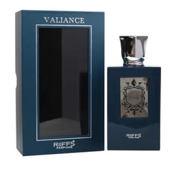 Darkblauwe Riffs Parfum Valiance doos en fles met zilveren accenten