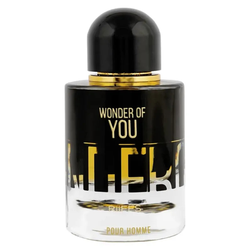 Riffs Parfum Wonder of You zwarte en gouden cilindrische parfumfles met ronde dop