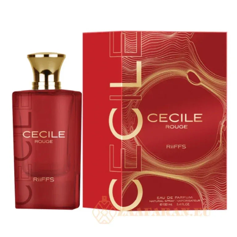 Red parfumfles met gouden dop en bijpassend rood doosje voor Riiffs Cecile Rouge Edp