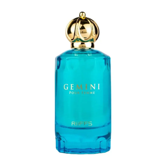 Een levendige turquoise glazen parfumbottle riiffs gemini edp 100 ml met gouden kroonvormige dop en reliëf gouden letters