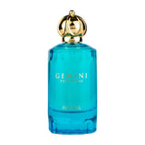 Een levendige turquoise glazen parfumbottle riiffs gemini edp 100 ml met gouden kroonvormige dop en reliëf gouden letters