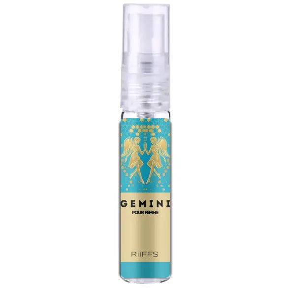 Een slanke doorzichtige glazen sprayfles met turkooizen en gouden label met engelachtige figuren van riiffs gemini pour femme edp 100 ml