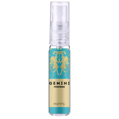 Een slanke doorzichtige glazen sprayfles met turkooizen en gouden label met engelachtige figuren van riiffs gemini pour femme edp 100 ml