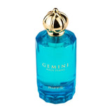 A vibrant turquoise glass perfume bottle with a golden crown cap embossed gemini pour femme by riiffs edp 100 ml