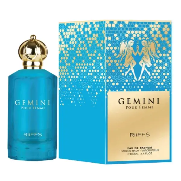 Een levendige blauwe glazen parfumfles riiffs gemini edp 100 ml met gouden kroonvormige dop en bijpassende doos