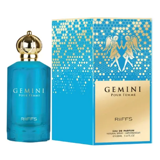 Een levendige blauwe glazen parfumfles riiffs gemini edp 100 ml met gouden kroonvormige dop en bijpassende doos