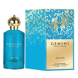 Een levendige blauwe glazen parfumfles riiffs gemini edp 100 ml met gouden kroonvormige dop en bijpassende doos