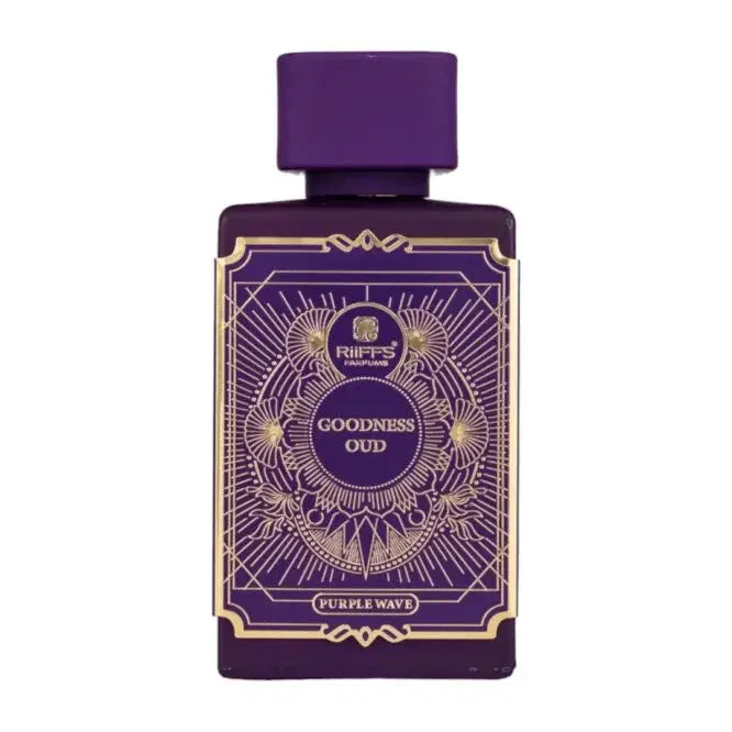 Paars rechthoekig parfumflesje met gouden reliëfetiket en dop van riiffs goodness oud edp 100 ml