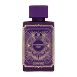 Paars rechthoekig parfumflesje met gouden reliëfetiket en dop van riiffs goodness oud edp 100 ml