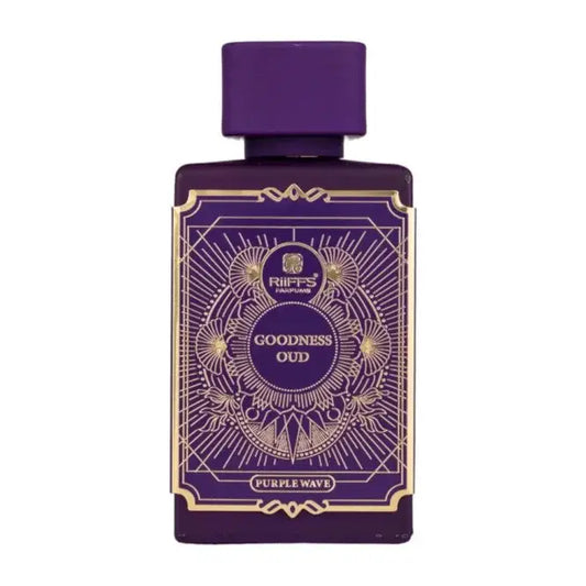 Paars rechthoekig parfumflesje met gouden reliëfetiket en dop van riiffs goodness oud edp 100 ml