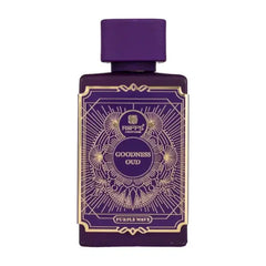 Paars rechthoekig parfumflesje met gouden reliëfetiket en dop van riiffs goodness oud edp 100 ml