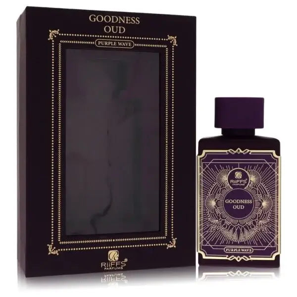 Paarse glazen fles goodness oud parfum van riffes parfums met goudfolie label en bijpassende dop in 100 ml edp