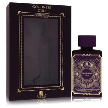 Paarse glazen fles goodness oud parfum van riffes parfums met goudfolie label en bijpassende dop in 100 ml edp