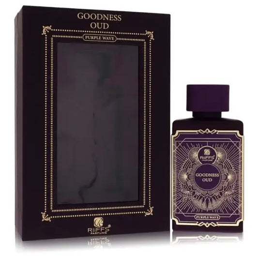 Paarse glazen fles goodness oud parfum van riffes parfums met goudfolie label en bijpassende dop in 100 ml edp