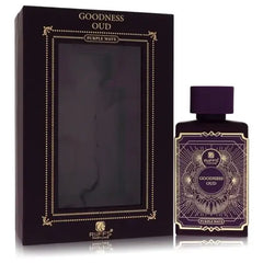 Paarse glazen fles goodness oud parfum van riffes parfums met goudfolie label en bijpassende dop in 100 ml edp