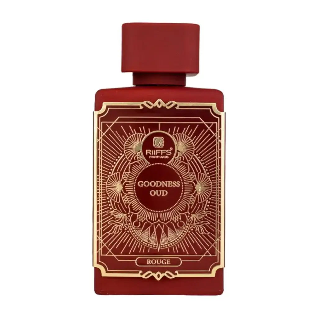 Een rijkrode rechthoekige parfumfles met gouden reliëfetiket goodess oud rouge van riiffs parfums 100 ml edp