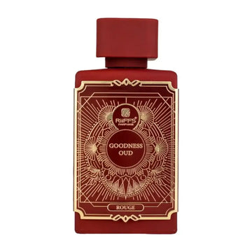 Een rijkrode rechthoekige parfumfles met gouden reliëfetiket goodess oud rouge van riiffs parfums 100 ml edp