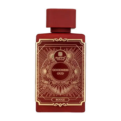 Een rijkrode rechthoekige parfumfles met gouden reliëfetiket goodess oud rouge van riiffs parfums 100 ml edp