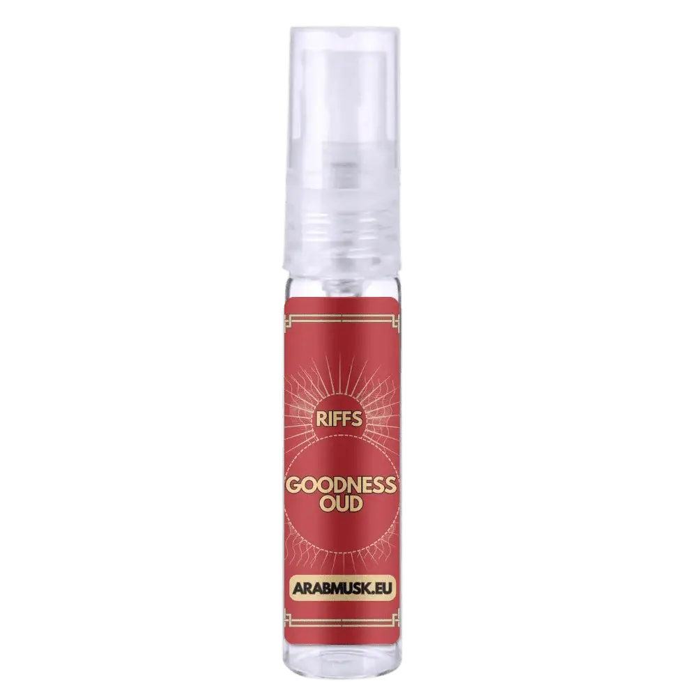 Een heldere glazen sprayfles met een rood label en gouden zonnestraalontwerp van riffs goodness oud eau de parfum 100 ml
