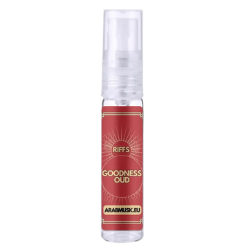 Een heldere glazen sprayfles met een rood label en gouden zonnestraalontwerp van riffs goodness oud eau de parfum 100 ml